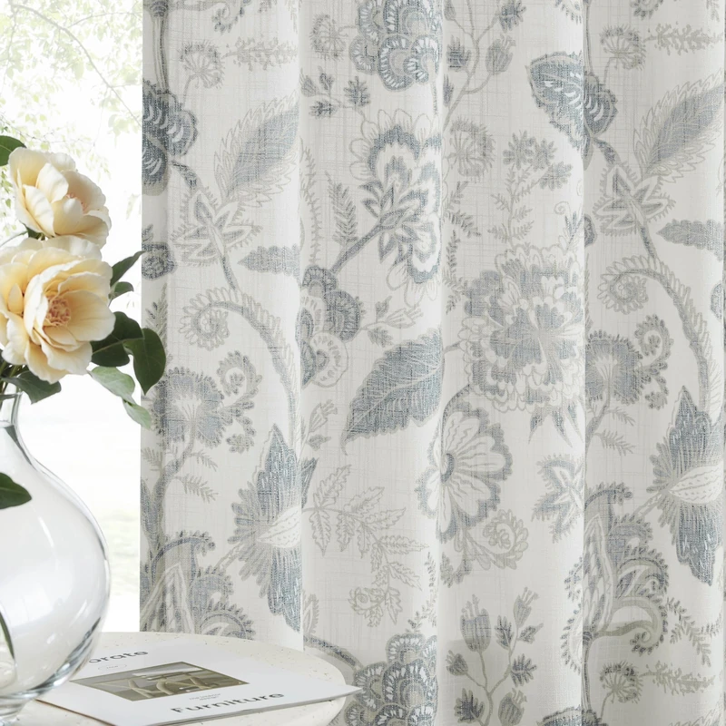 Kayne Studio Pinch Pleated Jacobean Floral Light Filtering Window Curtains Boho Botanical Leaf Printed Vintage Farmhouse Blue Grey Back Tab Window Treatment Set Living Room Bedroom,40"x84",2 Panels