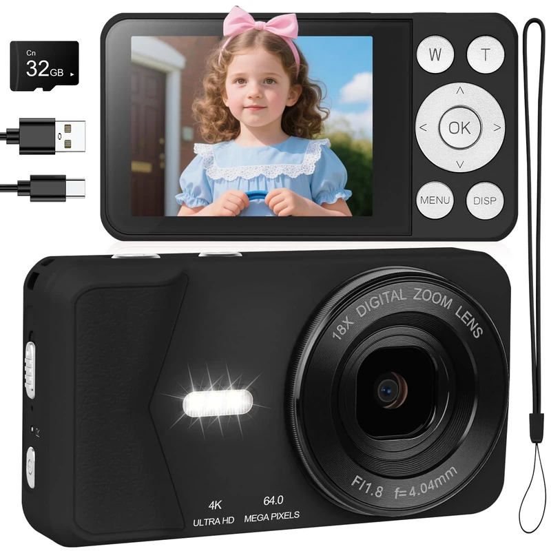 4K Digital Camera - 64MP 2.8" UHD Compact Cameras - Autofocus Rechargeable Vlogging Camera with 32G SD Card Portable Travel Mini Small Camera with 18X Digital Zoom for Kids Beginners Teenagers (Black)