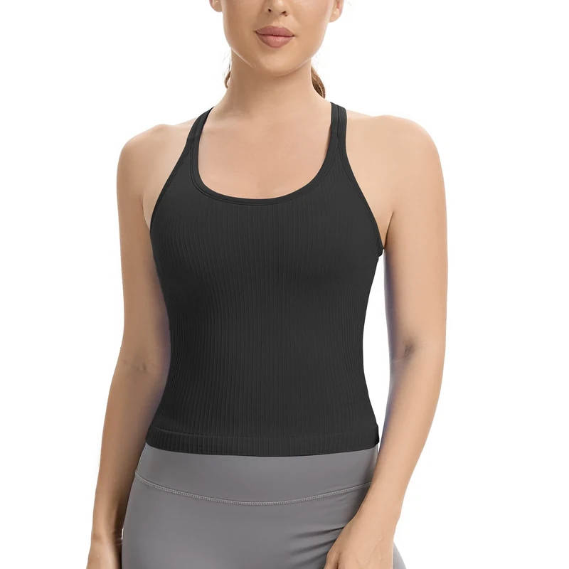 Lemef Vest Top with Built in Bra Sports Top for Women Ribbed Gym Tank Top Racerback Workout Yoga Shirt Black L