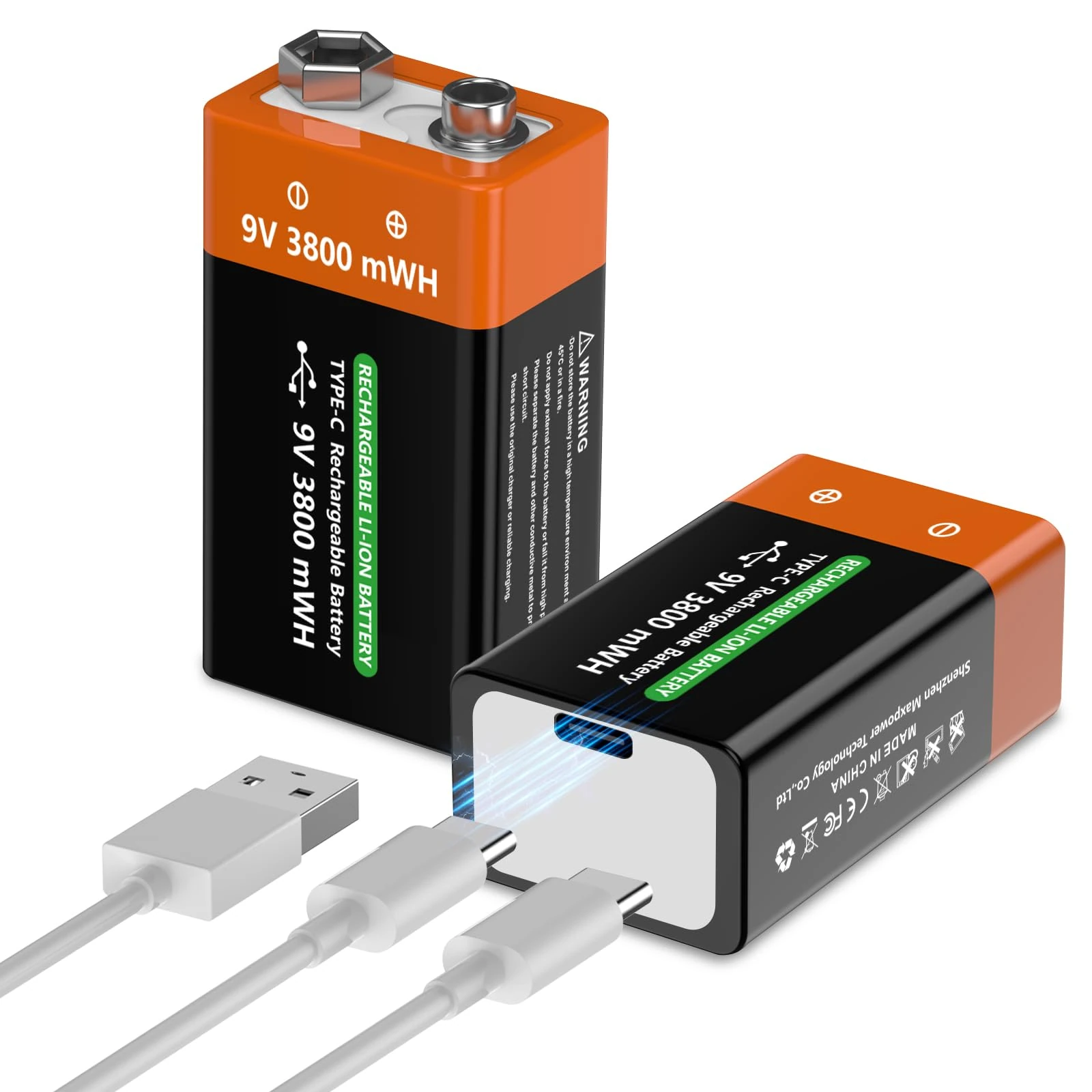 9V Battery Rechargeable 2025 Upgraded 9V Li-ion Batteries (2 Count)- 3800mWh Longest Lasting, Leakproof, Ultra Performance, Rechargeable with 2 In 1 Type-c Charging Cable Perfect for Smoke Detectors