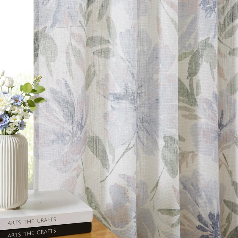 Kayne Studio Pinch Pleated Light Filtering Curtains Floral Semi Sheer Drapes for Living Room Bedroom 84 Inches Long Blue Flower Printed Botanical Pattern Back Tab Window Treatment Set,40"x84",2 Panels