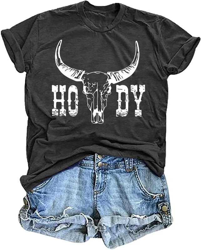 tiorhooe Cowgirl Howdy Bull Skull T-Shirt for Women