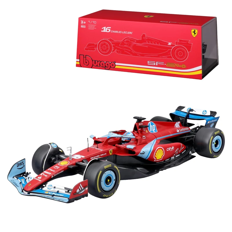 Bburago Formula 1 Ferrari SF-24 Miami Version Deluxe Edition (2024): 1:18 Scale Model Car by Driver #16 Charles Leclerc, Hard Case 35.9 cm, Red (18-16821-1)