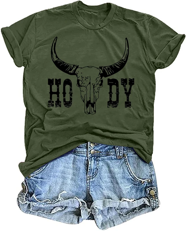 tiorhooe Cowgirl Bull Skull Howdy T-Shirt for Women - Image 1