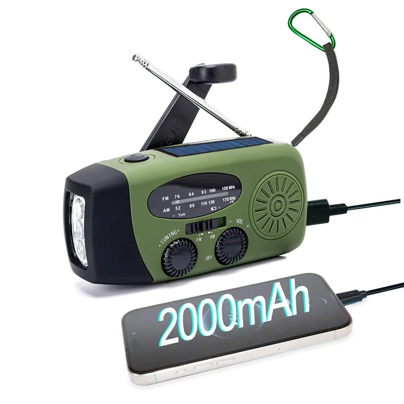 2000mAh Wind Up Solar Radio, Emergency Portable Hand Crank Weather Radio, Rechargeable Power Bank, 2 mode LED torch with SOS Alarm LED Flashlight, USB Phone Charger, for emergencies, camping (green)