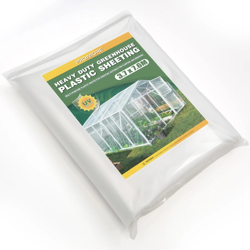 PROMORE 3.7 x 7.6M Clear Polythene Sheeting,UV-Resistant 150Mu/600G Extra Thick Plastic Polytunnel Cover Sheets Waterproof Garden Grow Horticultural Membrane for Insulation Building Rubble Protection