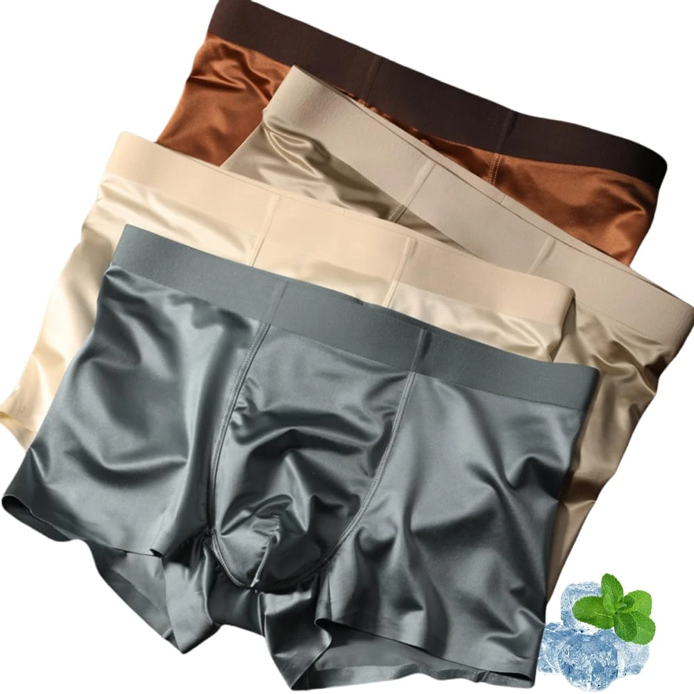 Elegant Silk Men's Ice Silk Underwear, Ice Silk Men's Underwear, Satin Boxer Briefs for Men, Seamless Comfort (4Pcs,L)