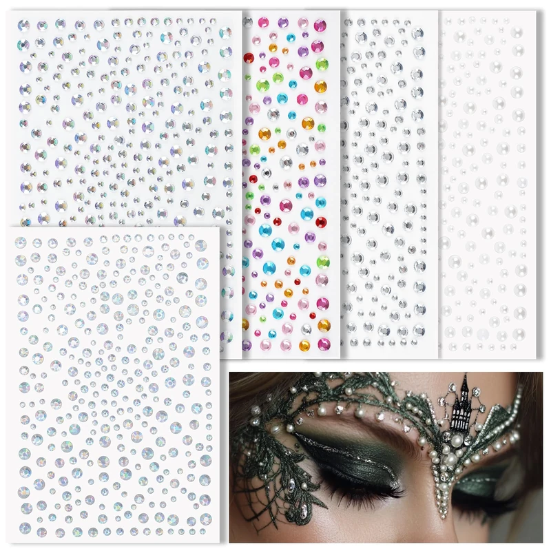 Canvalite Self Adhesive Face Rhinestones Gems - Halloween Face Stickers with Pearls & Crystals for Makeup, Festival, Nail, Body Art, Costume Parties