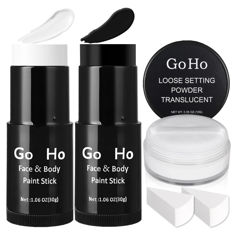 Go Ho White and Black Face Paint Stick with Setting Powder,2 PC White Sponges Set,Waterproof Full-coverage Face Body Paint for Halloween Costumes Clown Skeleton Vampire Skull Cosplay Makeup