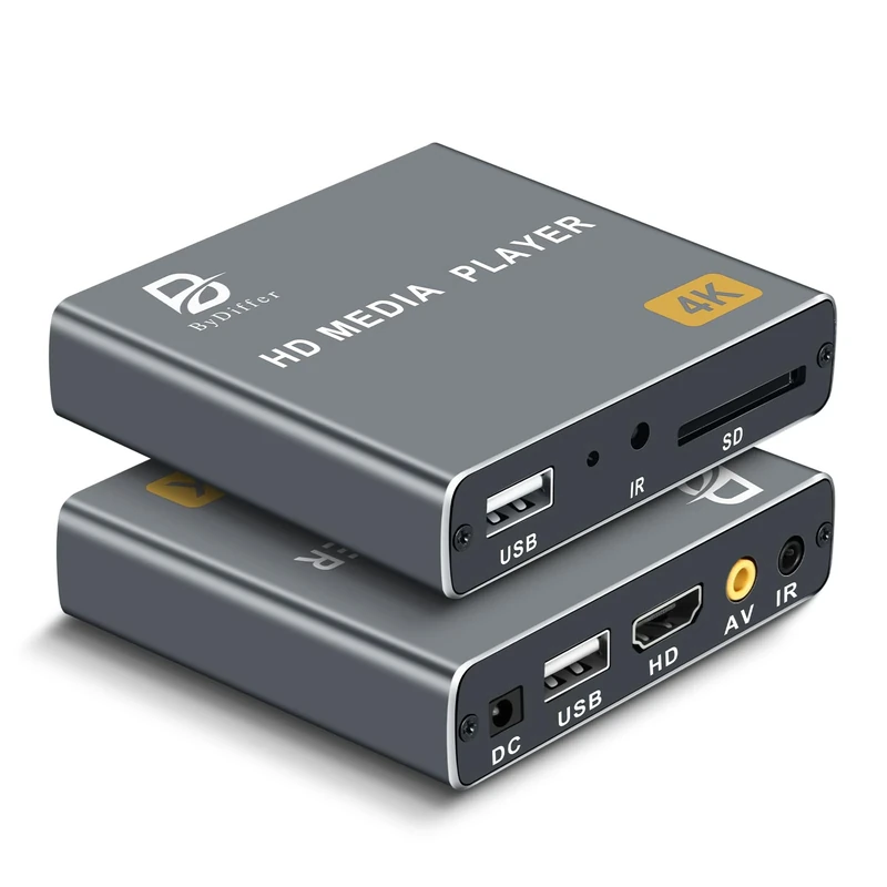 4K Digital Media Player, TV MP4 Video Player with HDMI/AV Output, Digital Signage Mini HD Media Players for USB Drives/SD Cards, H.265/HEVC, Looping, Auto Playback, Grey