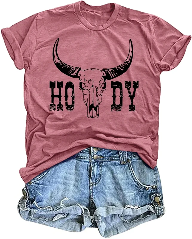tiorhooe Cowgirl Bull Skull Howdy T-Shirt for Women