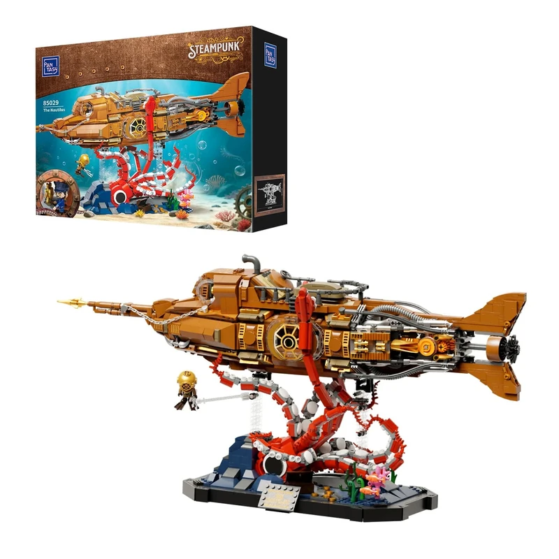 PAN TASY Steampunk Nautilus Submarine Building Set, Modular 3-Section Design with Gear-Linked Propeller, Mini Boat & Undersea Adventure Scene, Retro Mechanical Collectible Model Kit for Adults