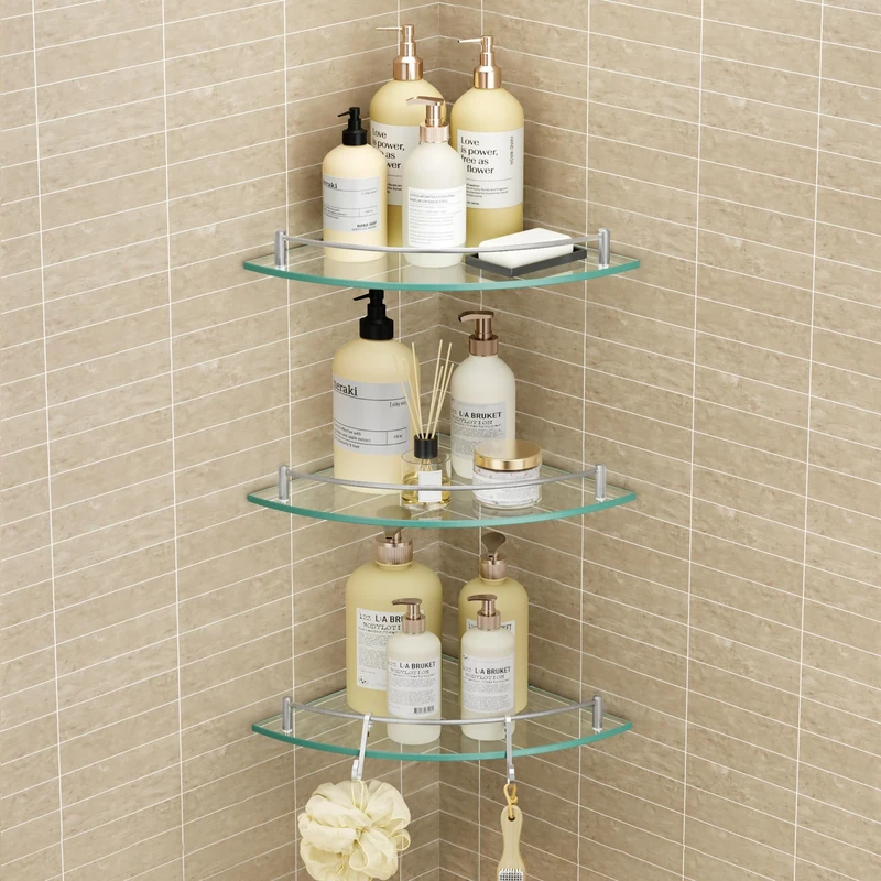 KES Glass Corner Shelf Bathroom Corner Shower Shelf Tempered Glass Shelf with Rail SUS 304 Stainless Steel Wall Mounted Brushed Finish 3 Pack, BGS2101A-2-P3