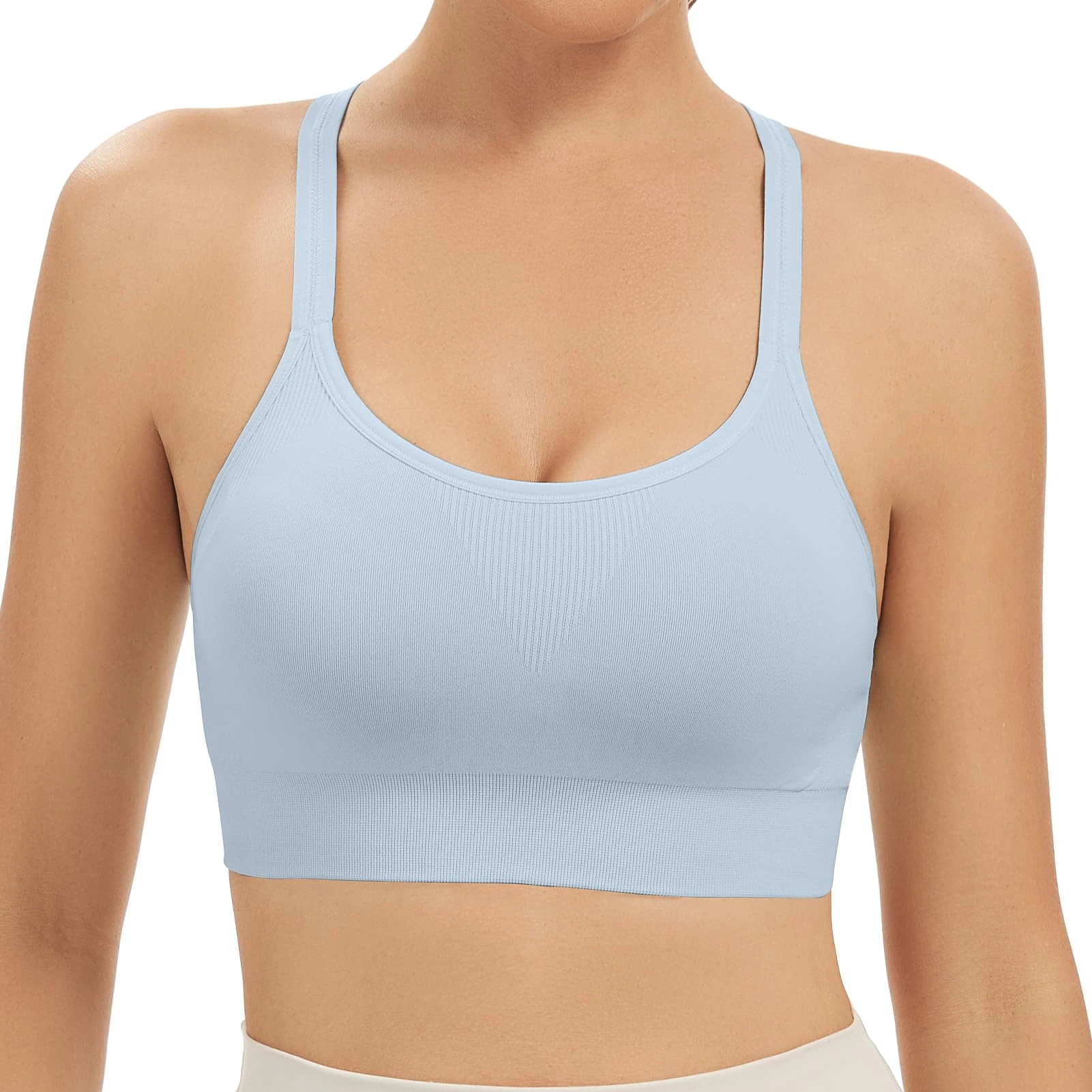 Comfyin Racerback Sports Bras for Women Unpadded Workout Bralette Seamless Yoga Gym Fitness Top,Blue,S