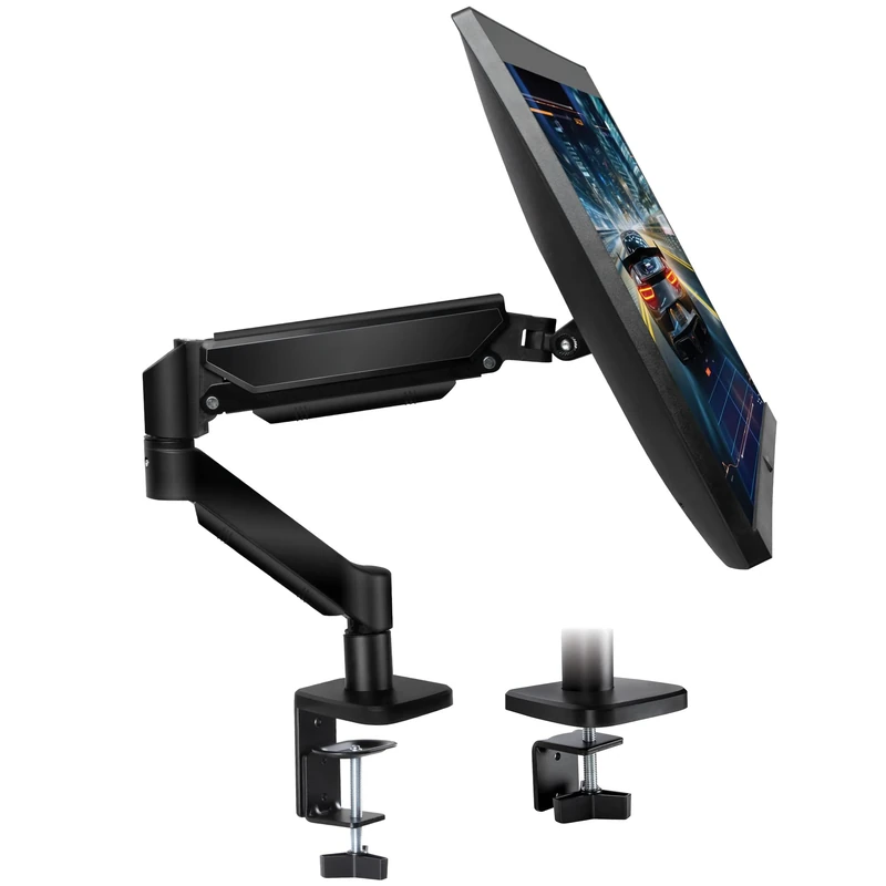 Futura Single Monitor Arm Desk Mount, Gas Spring Adjustable Stand for 13-32 Inch Screens, VESA 75x75 & 100x100mm, Holds Up to 9kg, Full Motion Tilt Swivel Rotation, Clamp & Grommet Monitor Mount