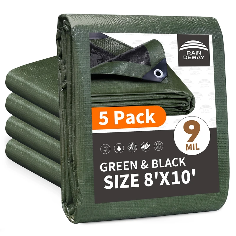RAINDEWAY 8x10 Feet(5 Pack) Tarp Waterproof,9Mil Green/Black Tarps Cover