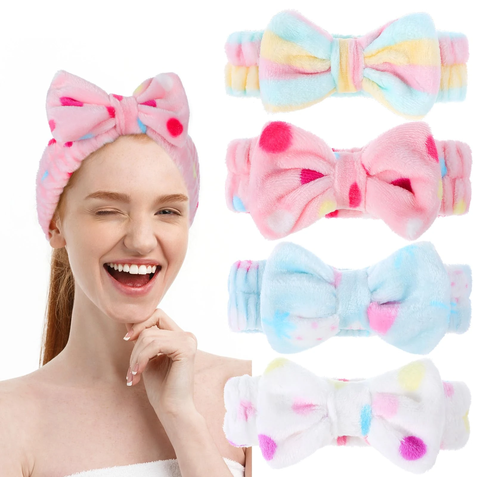 4Pcs Cute Candy-Colored Skincare Headband, Spa Bow Headband for Washing Face, Soft Coral Fleece Make Up Headbands, Elastic Bow Hair Wrap for Women Girls Washing