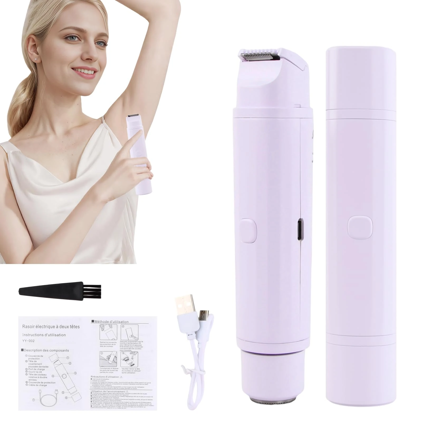 Lady Shaver for Women – 2-in-1 Double Head Bikini Trimmer – Womens Electric Razor, Rechargeable USB-C Razors, Painless Hair Removal for Body, Face, and Intimate Areas