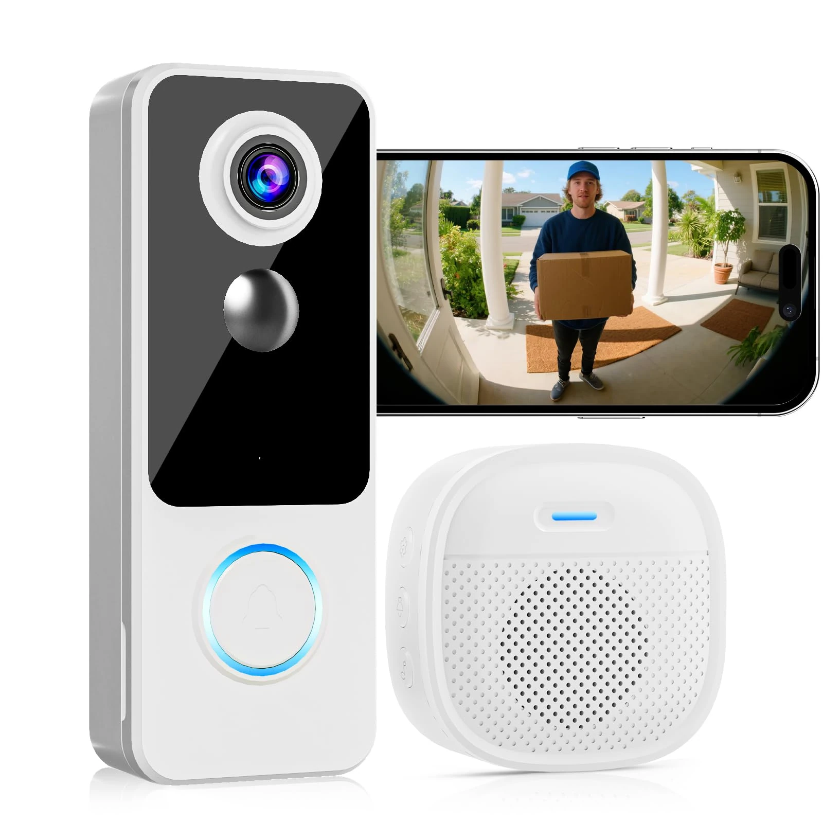 Wireless Doorbell Camera with Chime, 2K HD Smart WiFi Door Bell Cameras,Head-to-Toe View, Battery Operated, PIR Motion Detection, 2-Way Audio, Night Vision, SD Card & Cloud Storage,Works with Alexa