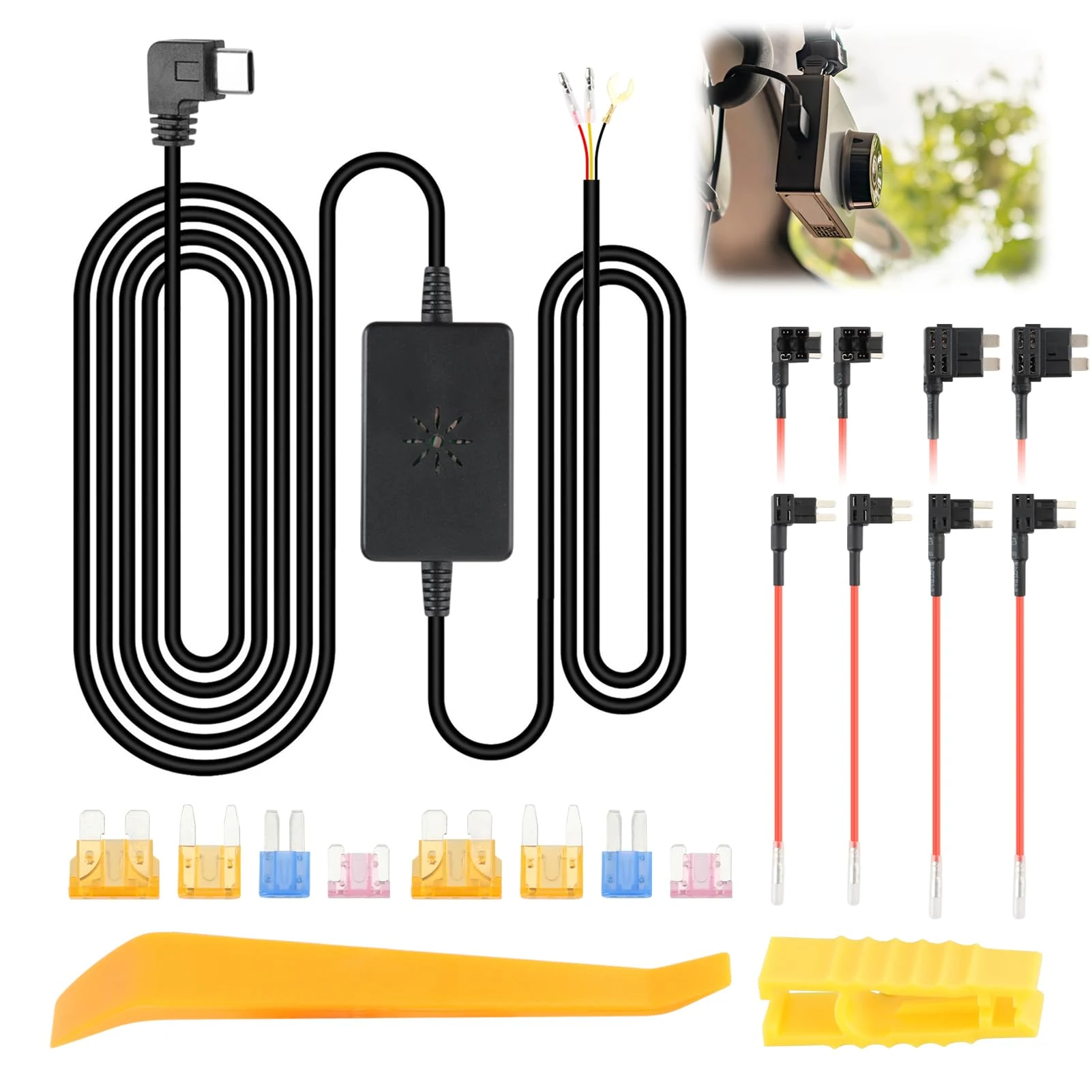 Dash Cam Hardwire Kit Type-C 4K Dash Cam Front Rear 24H Parking Surveillance 12V-24V to 5V Wiring Kit Three-Wire ACC Step-Down Line Monitoring Vehicle USB C Power Line for i07/G840S/G840H/G930 3.2M