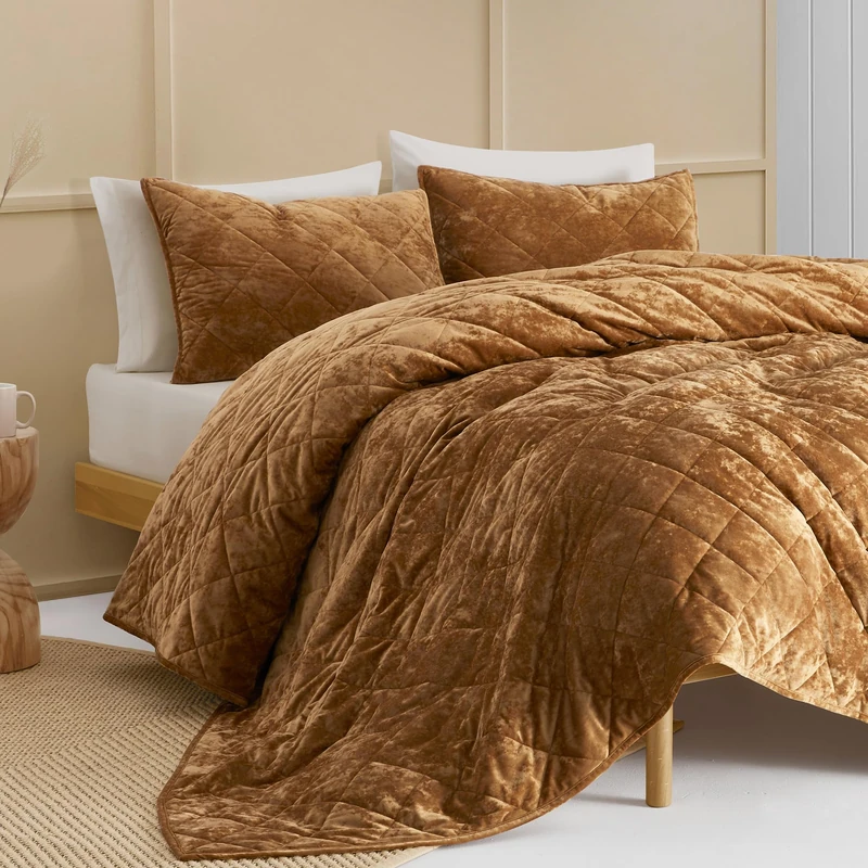 Wonderful Velvet Quilt King Size Bedding Set Caramel, Lightweight Stitched Comforter with Shams, Luxury Diamond Bedspread Soft Coverlet with Brushed Back for All Season
