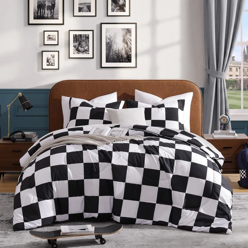 Andency Checkered Comforter Twin XL, Black and White Gingham Plaid Bedding