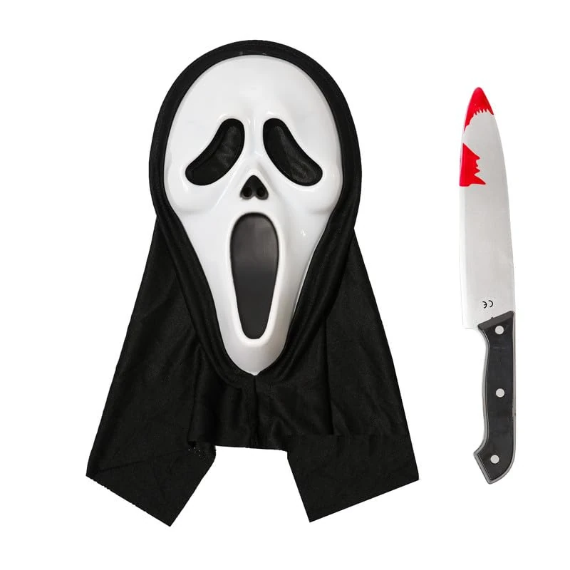 ELINA Rigid Plastic Scary Horror Ghost Mask with Bloody Toy Knife Halloween Scream Cosplay Costume for Kids Over 4 and Adult