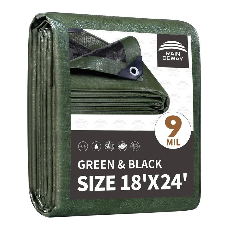 RAINDEWAY 18x24 Feet Tarp Waterproof,10Mil Green/Black Poly Tarps Cover
