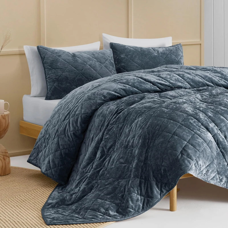 Wonderful Velvet Quilt King Bedding Set Blue, Lightweight Stitched Comforter with Shams, Luxury Diamond Bedspread Soft Coverlet with Brushed Back for All Season