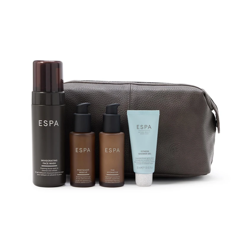 ESPA Men's Grooming Collection | 4-Piece Skincare Gift Set for Him with Invigorating Face Wash, Postshave Rescue, Moisturiser & Fitness Shower Gel | Revitalising Self Care Kit
