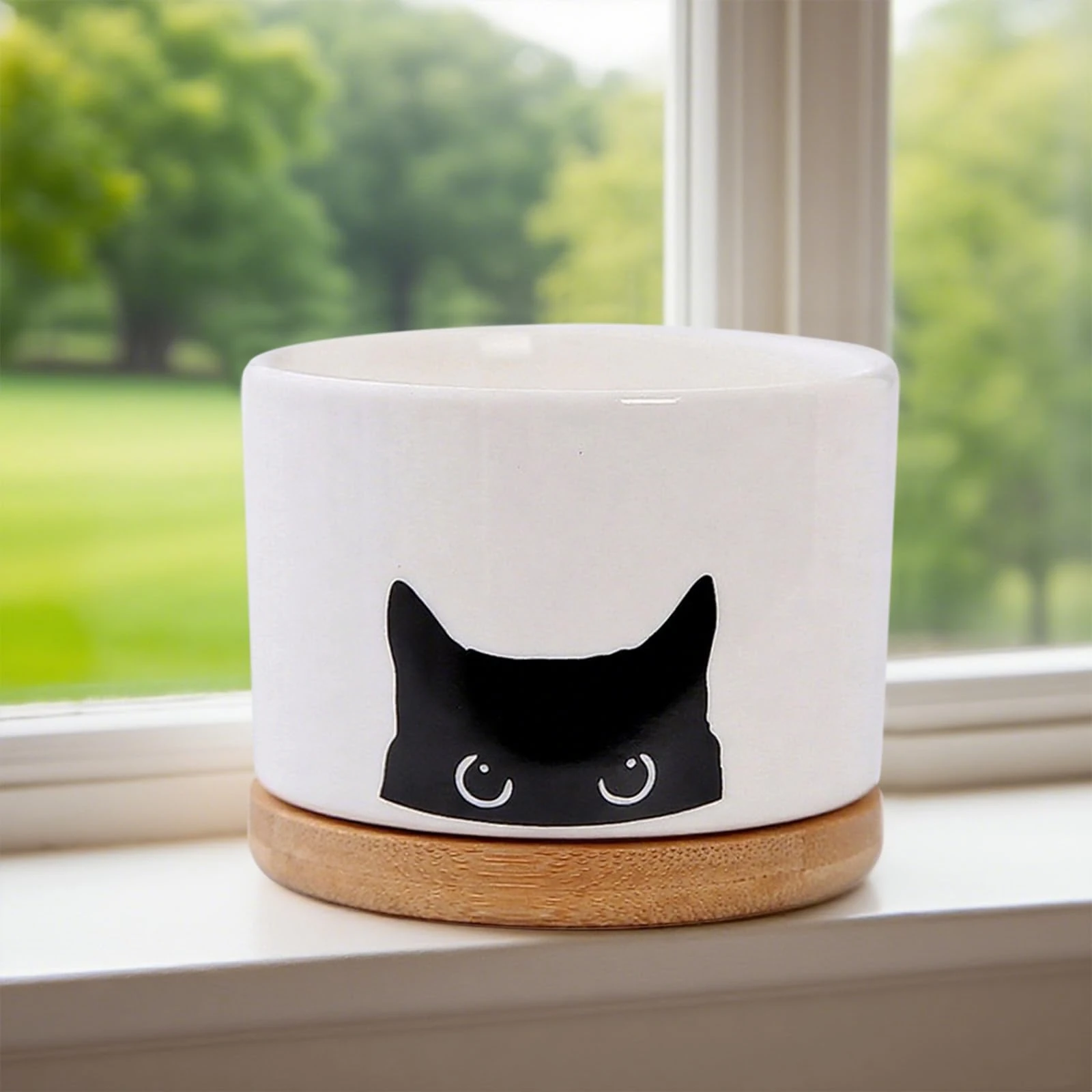 White Ceramic Plant Pot for Succulent: Suits Succulents/Cacti Flower Pots with Wooden Trays and Drainage - Trendy Desktop Decor - Good for Gifting Plant Lovers(Plants Not Included)