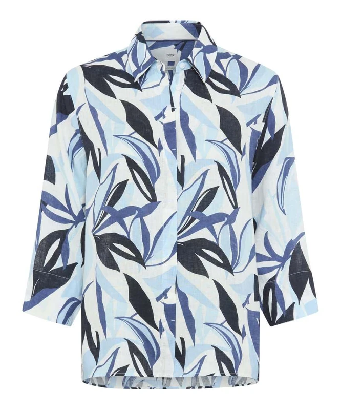 BRAX Women's Style Vicki Pure Linen Print Blouse, 22 Navy, 20