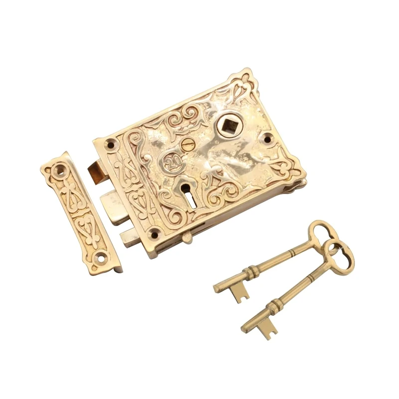 Infinity Decor Solid Brass Floral Rim Lock in Polished Brass Finish Latch Lock Set for Internal and External Shed Doors Gates