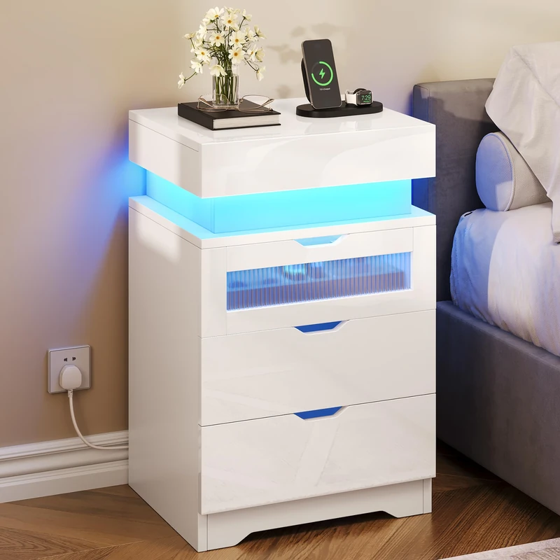 YITAHOME Bedside Table 3 Drawers Charging Station Nightstand Storage LED