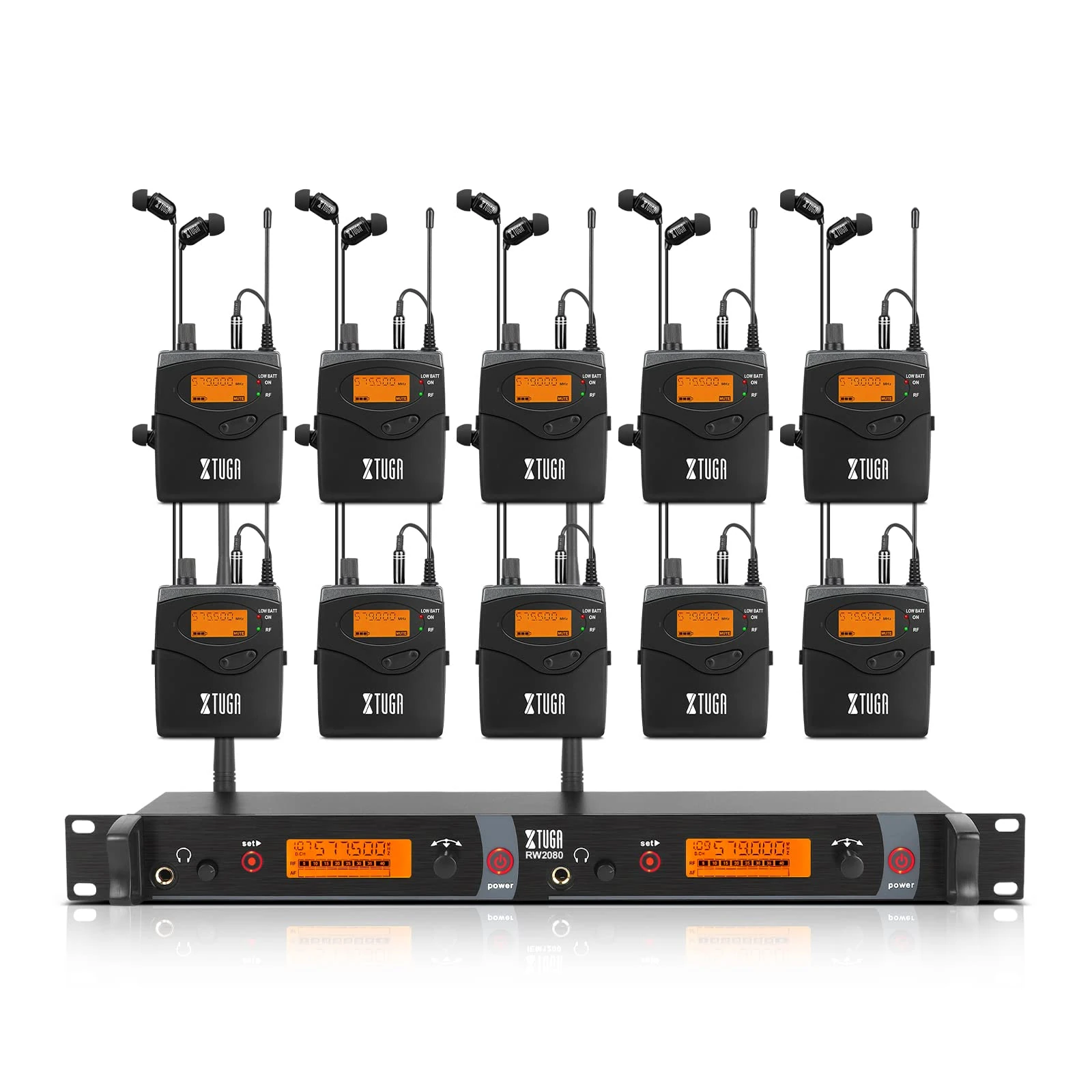 XTUGA RW2080 Wireless in Ear Monitor System 2 Channel 10 Bodypack, Whole Metal Monitoring System with In-Ear Headphone, Wireless Type Used for Stage or Studio