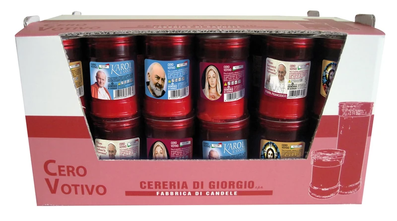 60 Votive Candles Model P30 – Red – Duration 32 Hours – Assorted Labels – Diameter 6.3 cm Height 9.5 cm – Cereria Di Giorgio