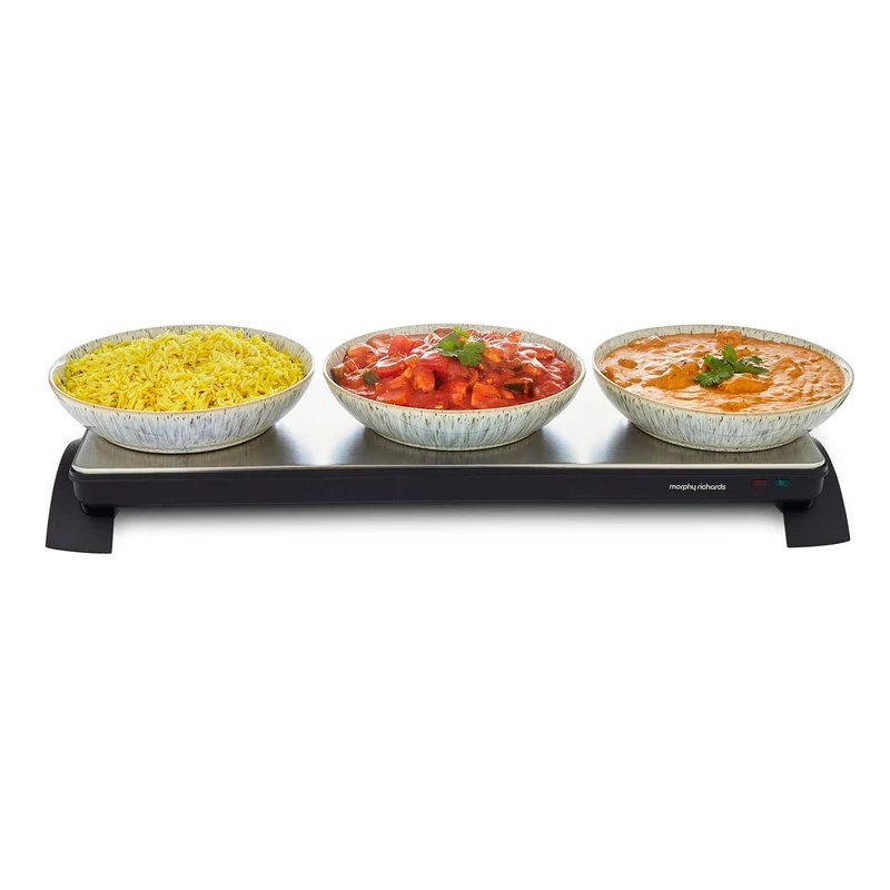 Morphy Richards Cordless Electric Food Warming Tray, Stainless Steel Top Plate, Quick Heat-Up, Twin Design, Indicator Light, Keeps Food Warm, Buffet Server/Functions/Social Events, Slim 70x20,486000