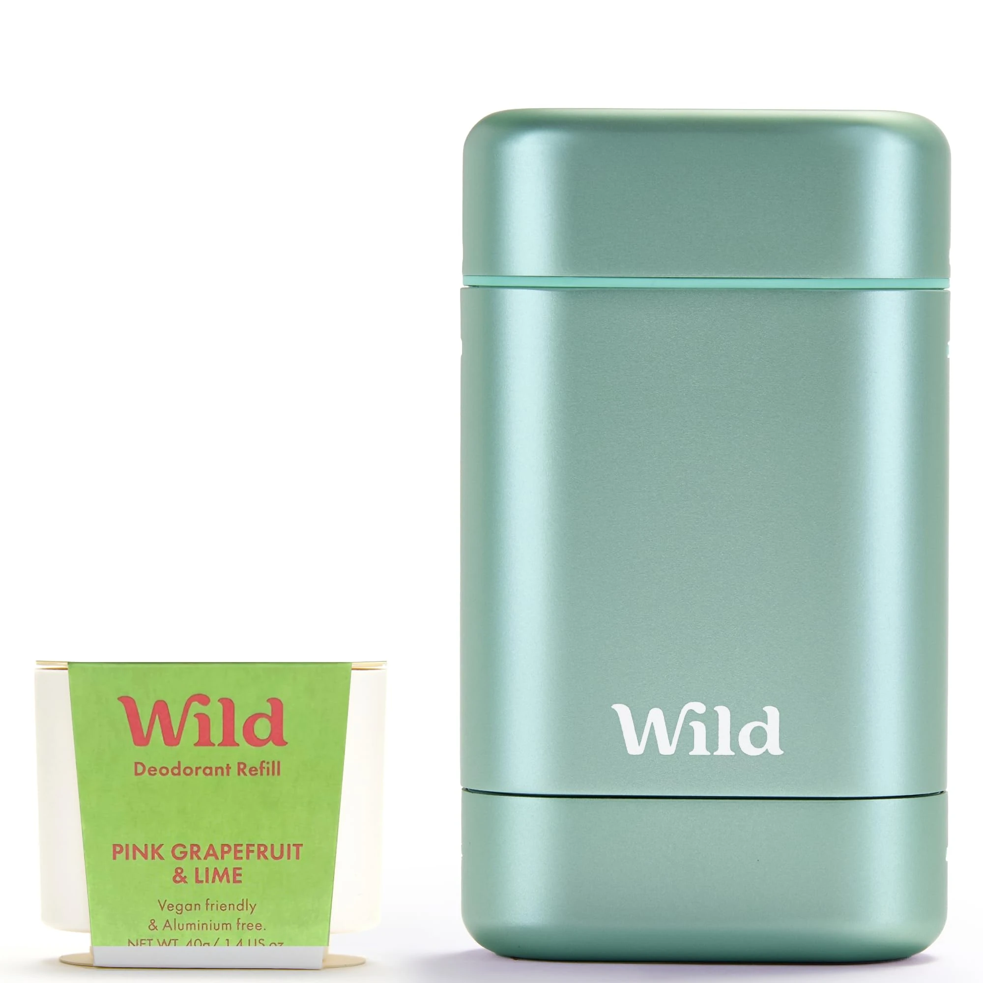 Wild Natural Refillable Deodorant Starter Kit with Aqua Case and Pink Grapefruit & Lime Scented Refill (40g) - Aluminium Free - Long Lasting Protection - Vegan