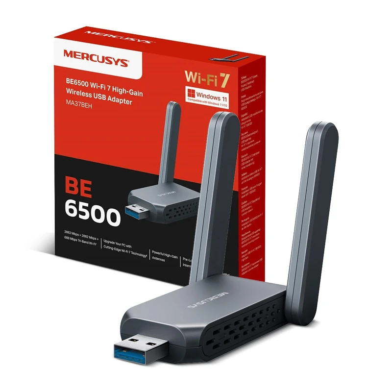 MERCUSYS MA37BEH BE6500 USB WiFi 7 Dongle For PC, Tri Band WiFi Adapter,High Gain Antennas,Wide Coverage,USB 3.0,Encryption Security,MU-MIMO,Internal Driver,Plug and Play,Compatible with Windows 11