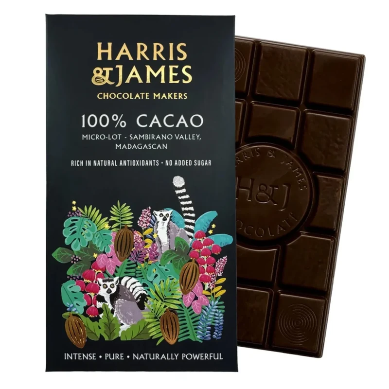 Harris & James 100% Cacao Chocolate Bar. Made From Madagascan Cacao, Naturally Rich In Flavonoids & Antioxidants. Bean To Bar Chocolate Suitable For Vegans.