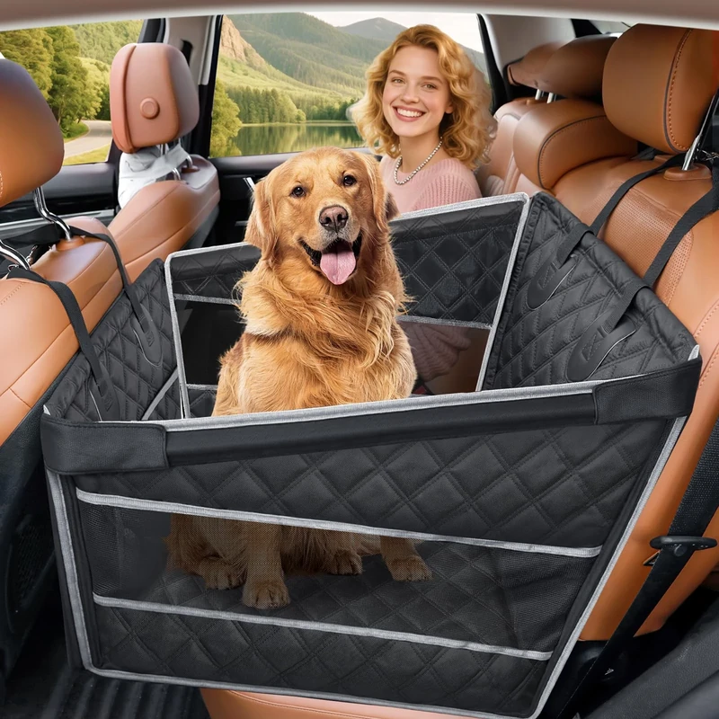 Gimars Upgrade Dog Car Seat for Medium Small Size Dogs, Waterproof Back Seat Extender for Pets Hard Bottom, Half Hammock with Non-Slip Base Mesh Window Storage Pocket, Dog seat for Cars/SUV/Trucks (M)