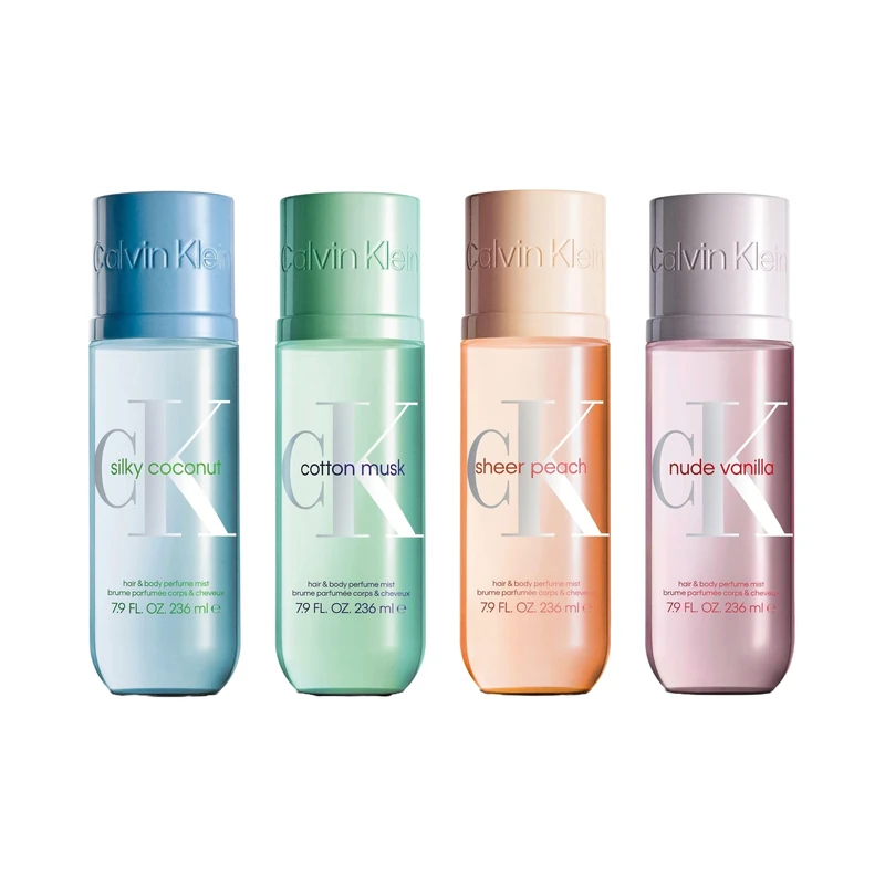 Calvin Klein Hair & Body Perfume Mists Bundle of 4 - Includes Silky Coconut, Cotton Musk, Sheer Peach and Nude Vanilla - 236ml