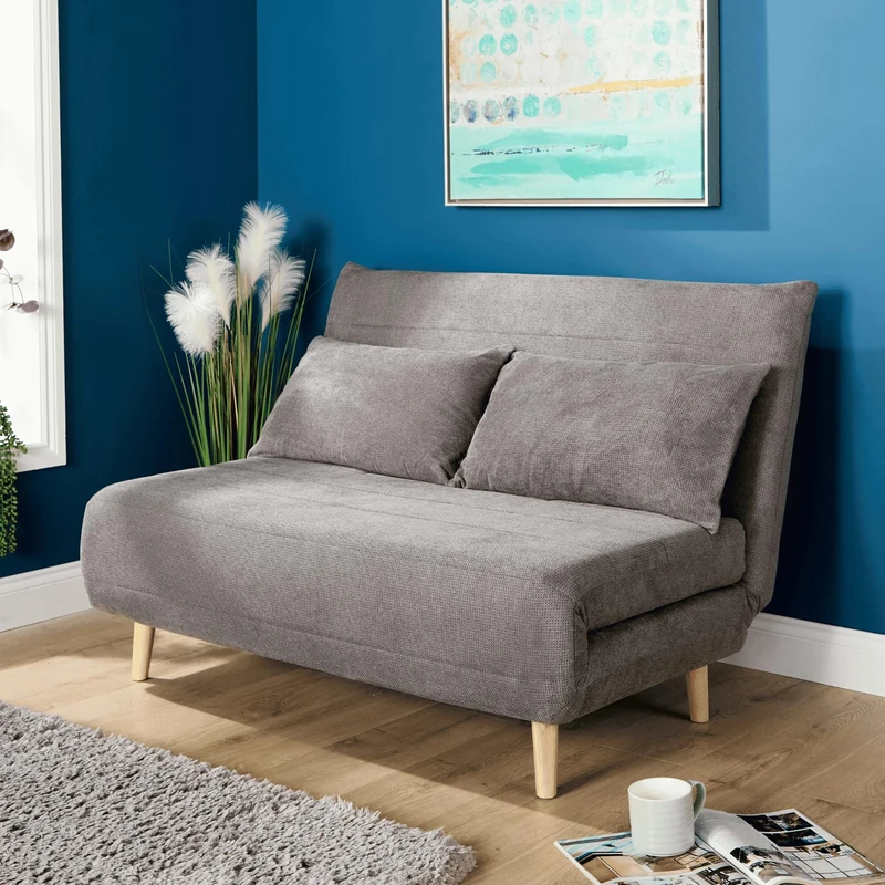Home Source Double Sofa Bed Grey Convertible Fabric Upholstered Sofa Foldable Sofa Bed for Living Room