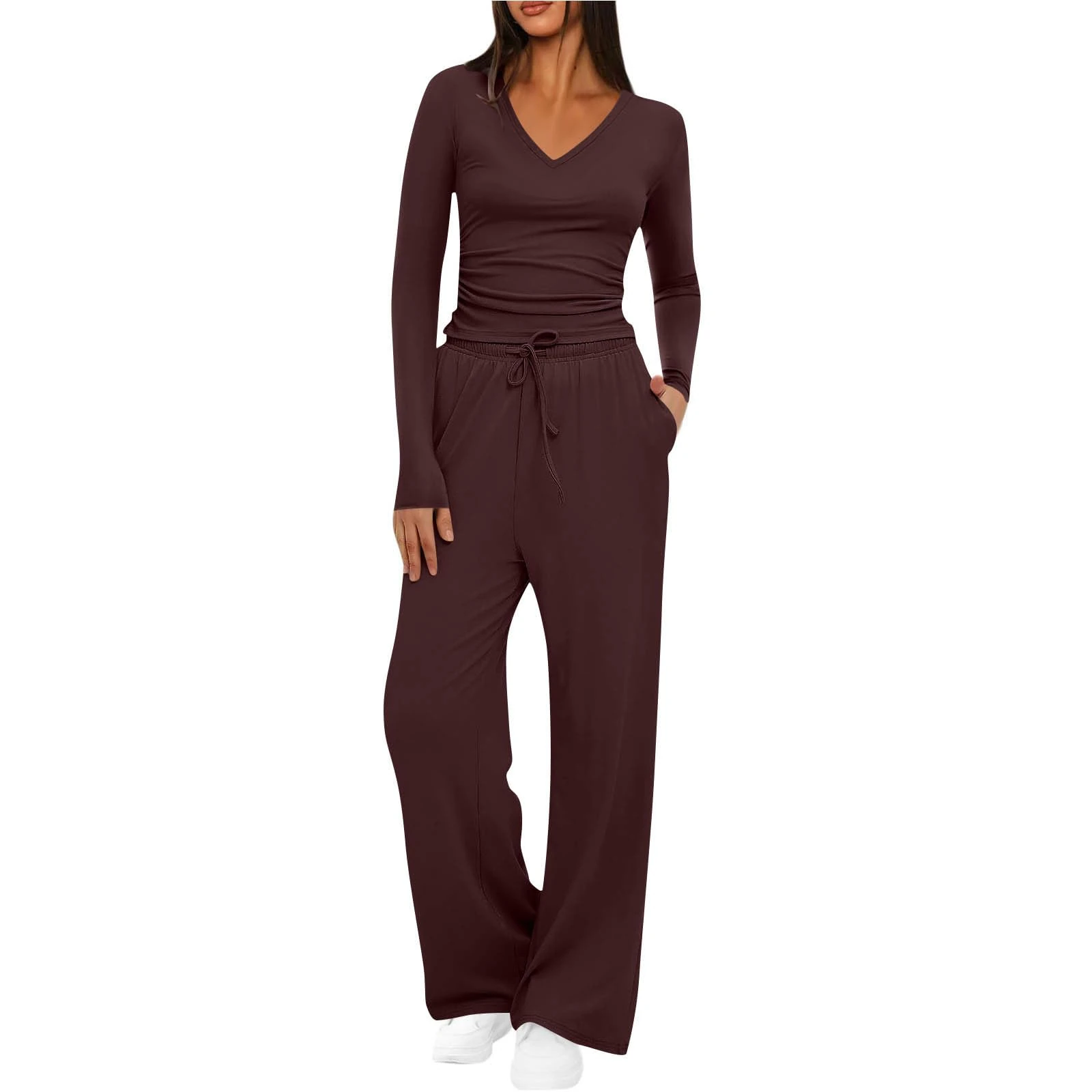 tsaChick Dupe Two Piece Outfit Women's Tracksuit Stretch Lounge Sets Long Sleeve V Neck Crop Top Elastic Waist Wide Leg Trouser Airport Outfits Y2k Clothes Yoga Trousers Suit