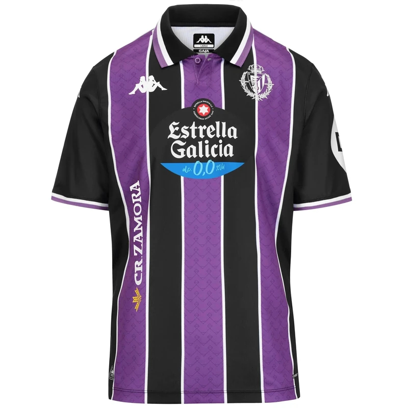Kappa Real Valladolid 2025/2026 Black/Violet/White SPONSOR2 Official T-Shirt | Hydro-Way Protection Technology, Recycled Fabrics and Thermal Fusion Logos | L
