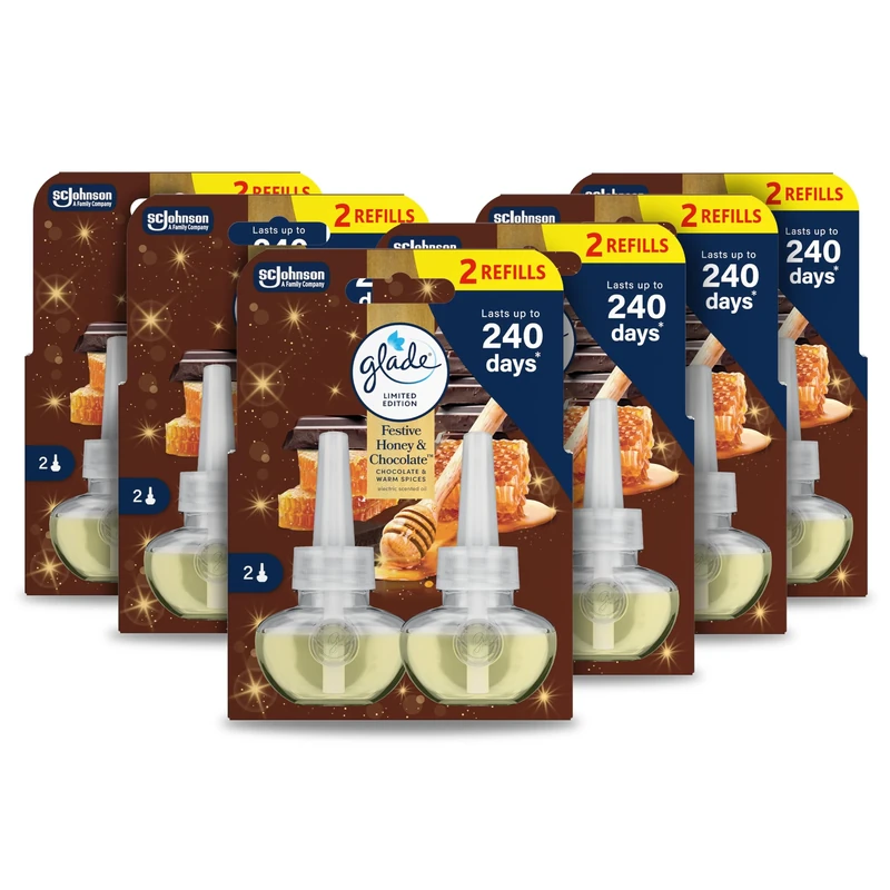 Glade Plug in Air Freshener Refill, Electric Scented Oil Room Air Freshener, Infused with Essential Oils, Limited Edition Christmas Air Freshener, Festive Honey & Chocolate, Pack of 6 Duos (12x20ml)