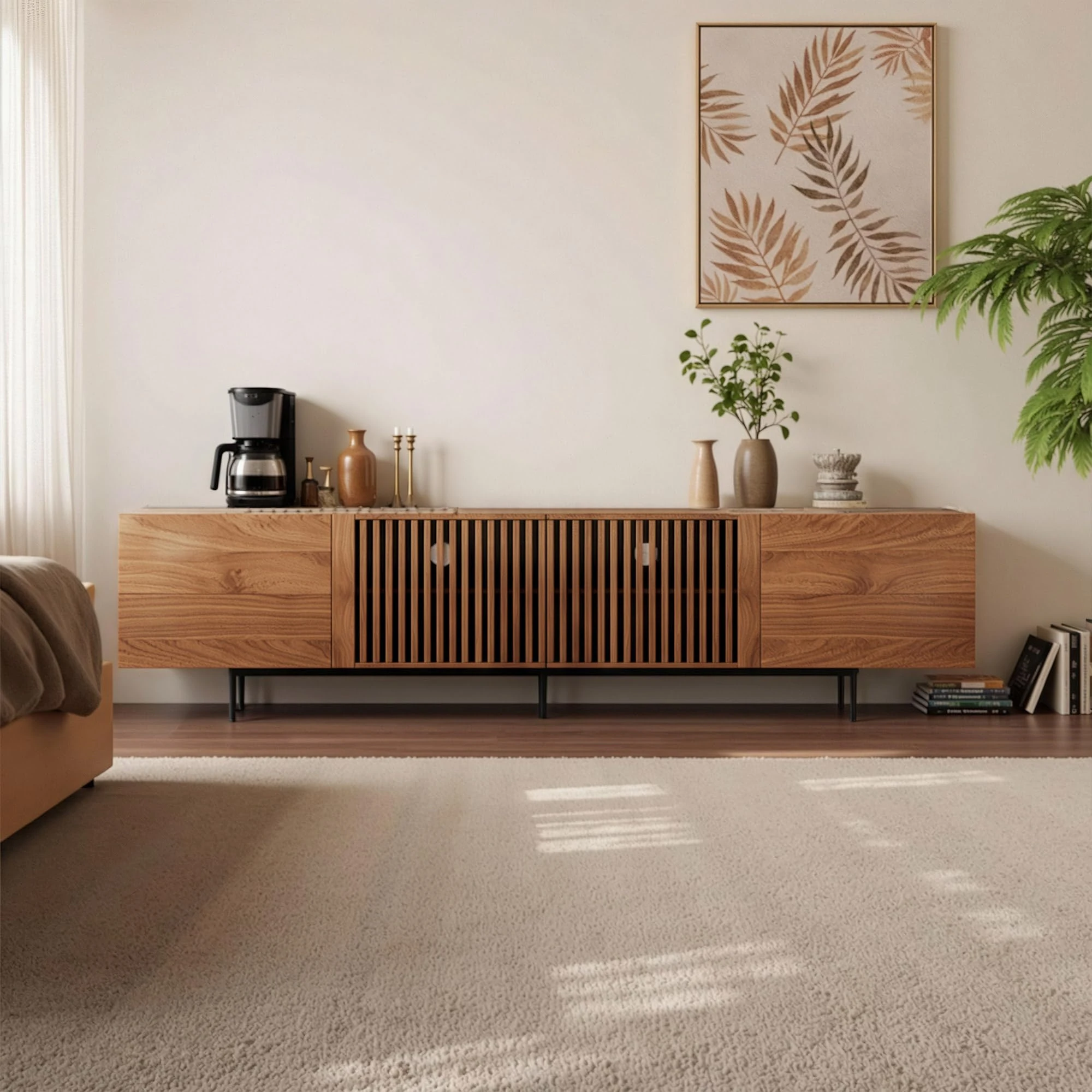 Hearthform Modern Wooden Media Console, Slatted Door Design, Walnut Finish, Black Metal Base (180CM)