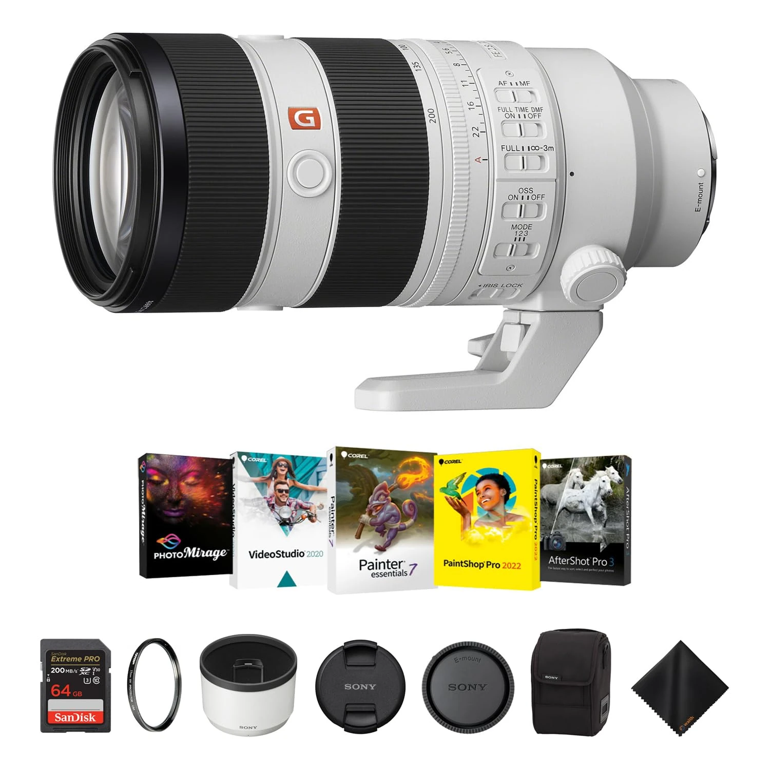Sony FE 70-200mm f/2.8 GM OSS II Lens for E Mount - Professional Full Frame Lens with 77mm UV Protector Filter, 64GB Extreme PRO Memory Card, Corel Software Kit & Cleaning Cloth Essential Bundle
