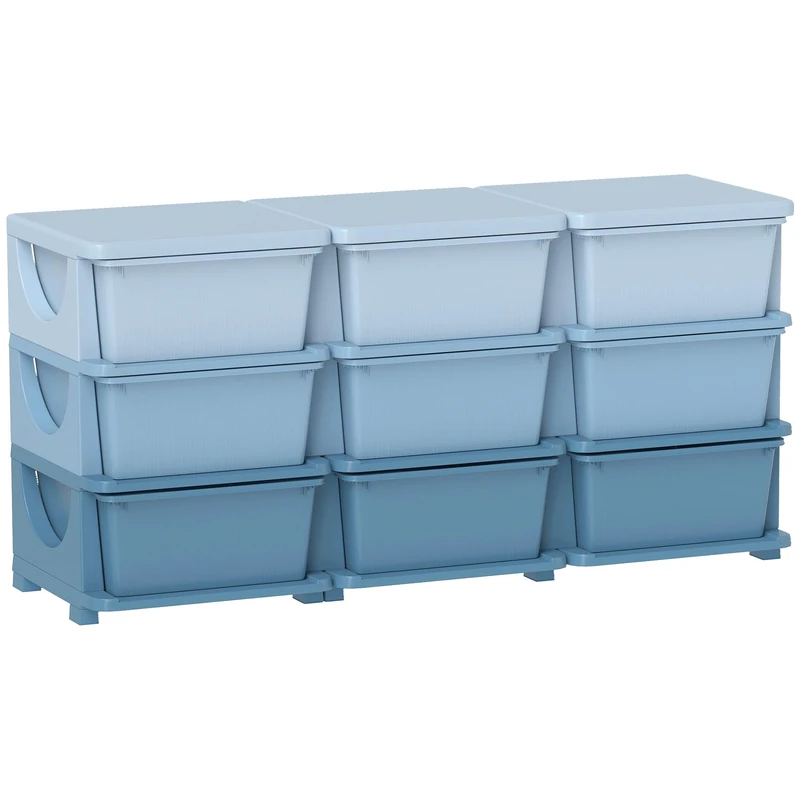 HOMCOM 9 Drawers Plastic Storage Units, 3 Tier Kids Storage Units, Children Toy Chest for Nursery, Playroom, Bedroom, Blue