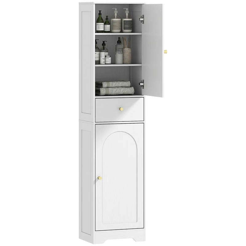 HOMCOM Tall Bathroom Cabinet, Slim Bathroom Storage Cabinet with 2 Arched Doors, Drawer and Adjustable Shelf, Modern Narrow Storage Cupboard, 40 x 29.5 x 170 cm, White
